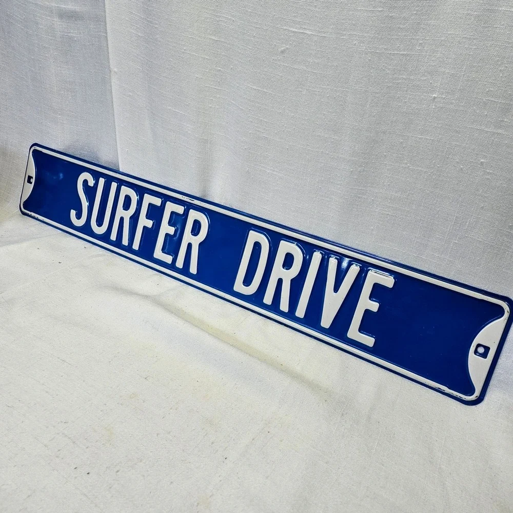 Vintage Surfer Drive Street Sign Metal Embossed Blue White Beach Coastal Decor